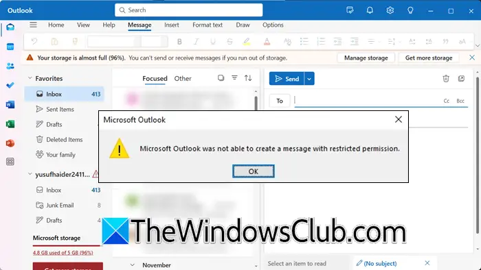 Microsoft Outlook 无法创建权限受限的邮件